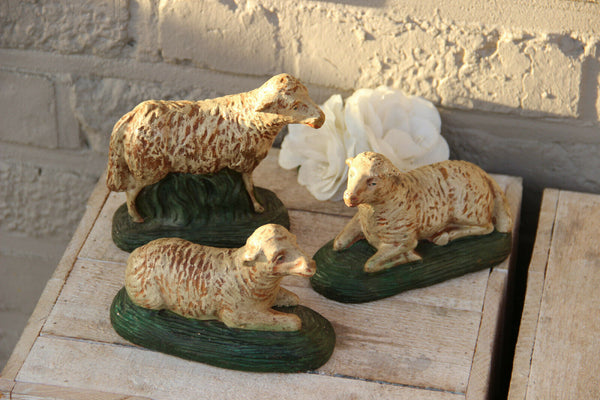 Antique set 3 Nativity animal Sheep plaster polychrome figurines statue