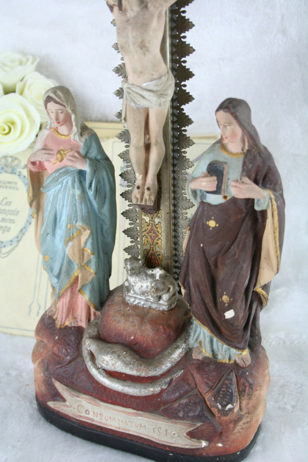 Antique French Plaster chalkware crucifix calvary biscuit Mary MAgdalena Christ