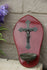 Religious antique French holy water font with crucifix angel portraits
