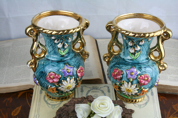 PAIR Flemish art nouveau pottery Ceramic vases marked 1900 Multi coloured