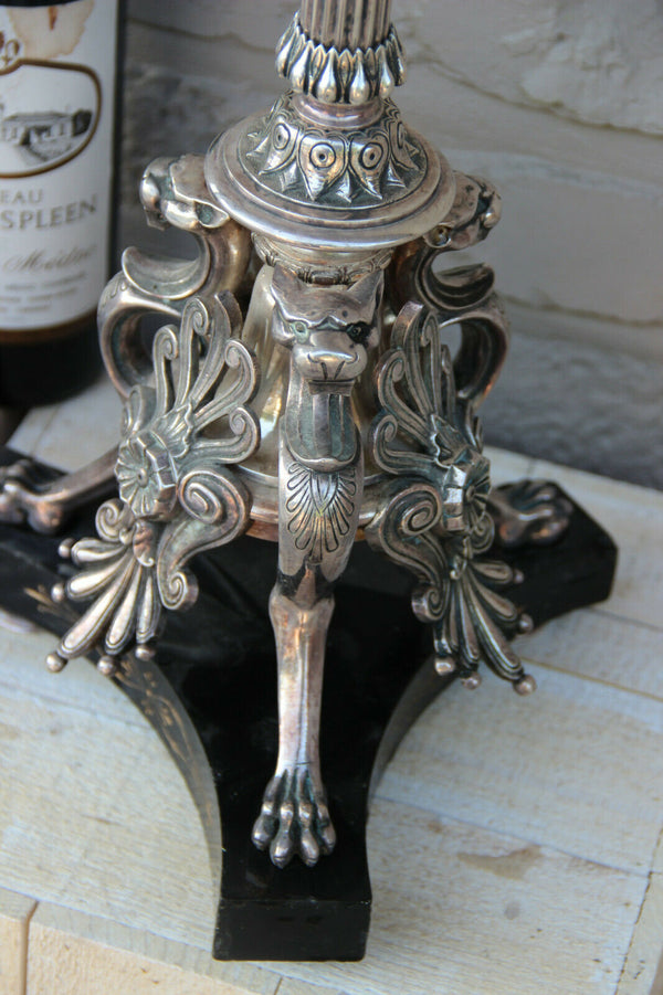 XL PAIR antique French Bronze silver pl  dragon gothic Castle candelabras lamp