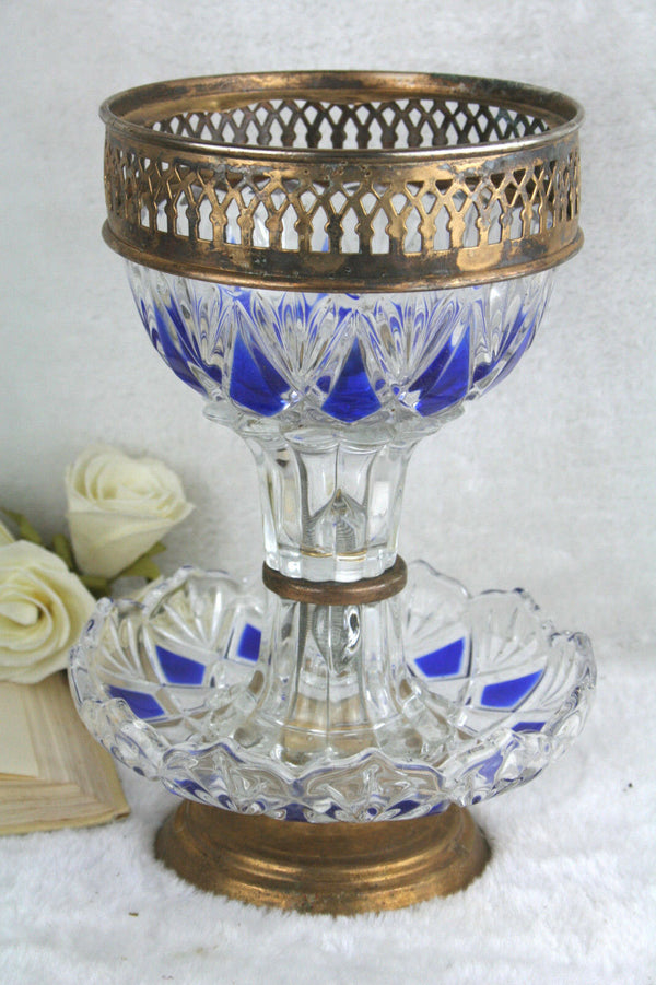 Vintage french Table centerpiece bowl candy blue crystal clear glass crystal cut