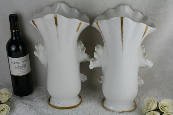 PAIR 19th c Vieux paris porcelain hand paint floral decor Vases Cornet