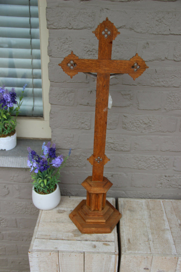 LARGE antique neo gothic wood carved crucifix chalkware christ religious