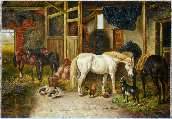 Flemish oil On panel painting farm stable scene horse chicken ducks animals 1960