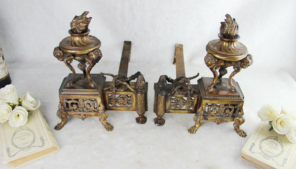 PAIR Huge  Bronze antique Fireplace andirons putti heads lion ram paws rare