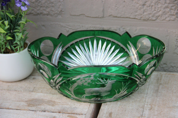 Large Vintage Czech bohemia art glass crystal Bowl hunting deer green