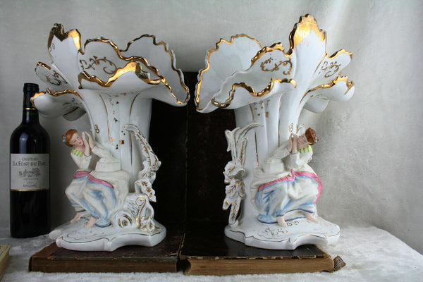 PAIR rare XL late 19th century old paris porcelain Vases ladies marked s&s