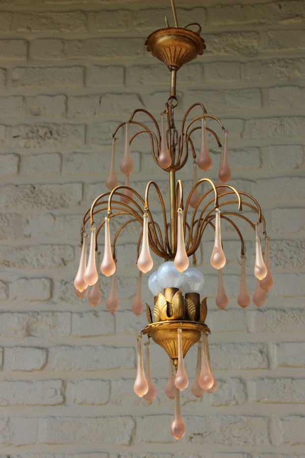 Vintage Italian 1960 metal gold gilt Muranp pink drops chandelier