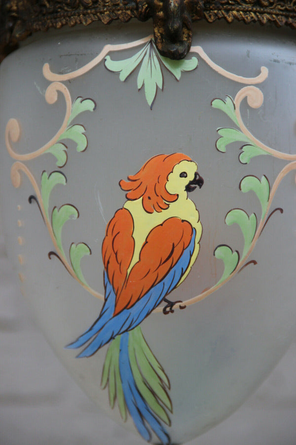 Rare antique Bronze French glass parrot chandelier lantern lamp ram heads