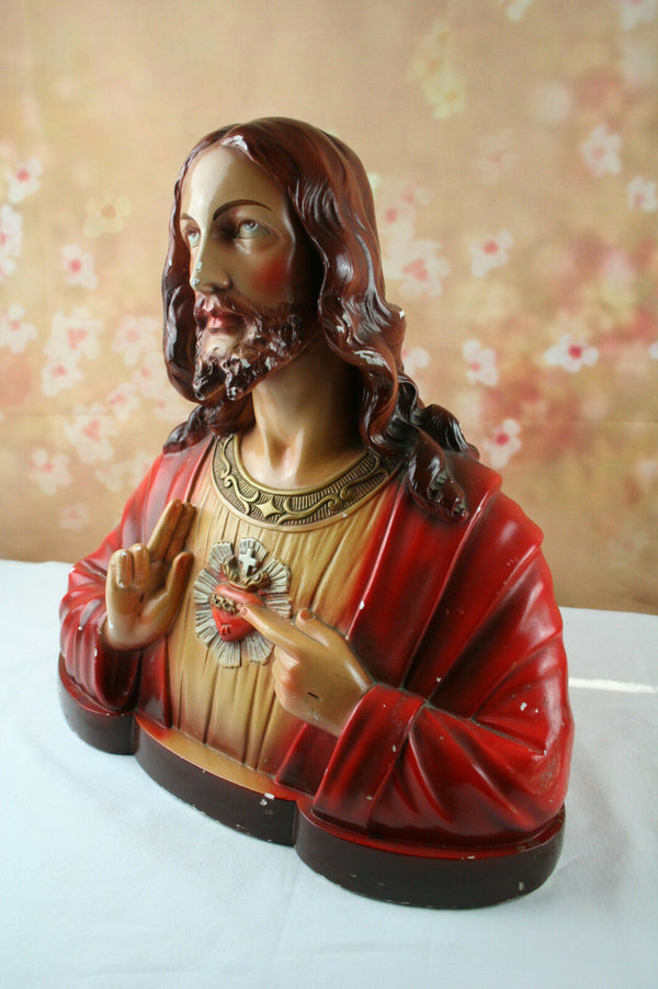 color Antique Jesus Christ Sacred Heart old Chalkware plaster statue colors