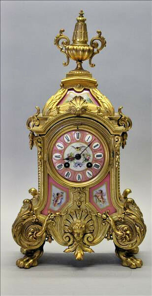 Antique French Mantel clock pink sevres porcelain plaques putti bird floral