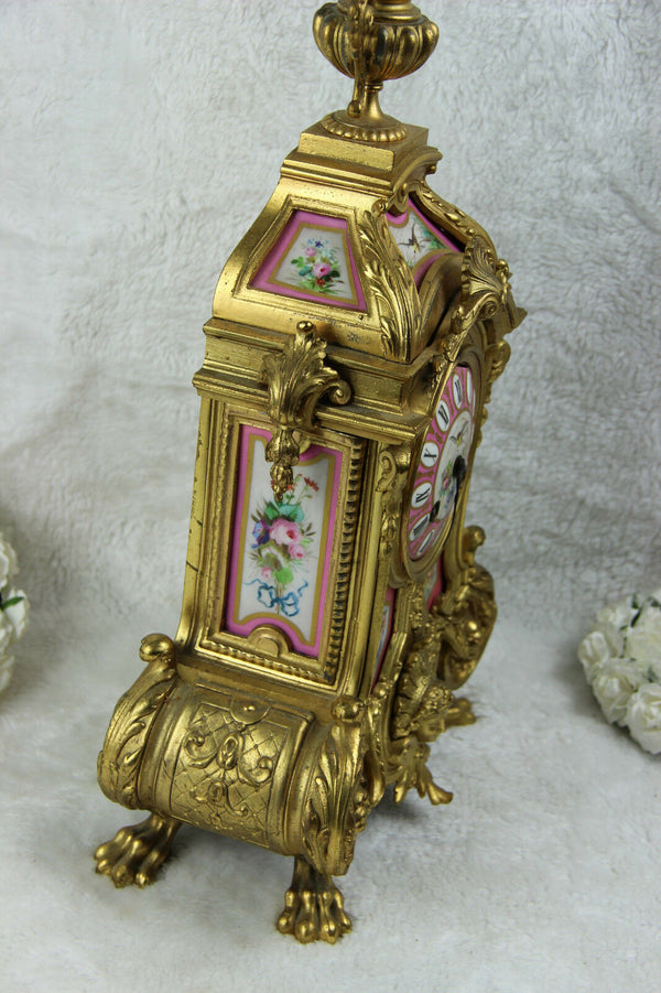 Antique French Mantel clock pink sevres porcelain plaques putti bird floral