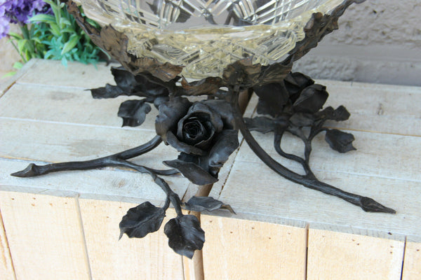 French wrought iron roses floral Centerpiece Fruit tray crystal glass cut bowl