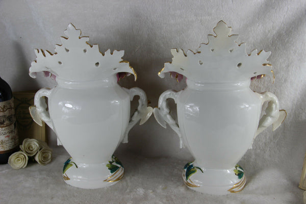 Pair large French antique 1900 Vieux paris porcelain Cornet Vases floral swans