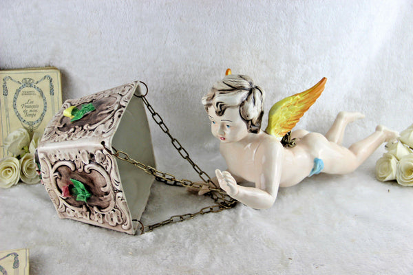 Rare Cute vintage faience Angel putti hang planter jardiniere 1960 Floral roses