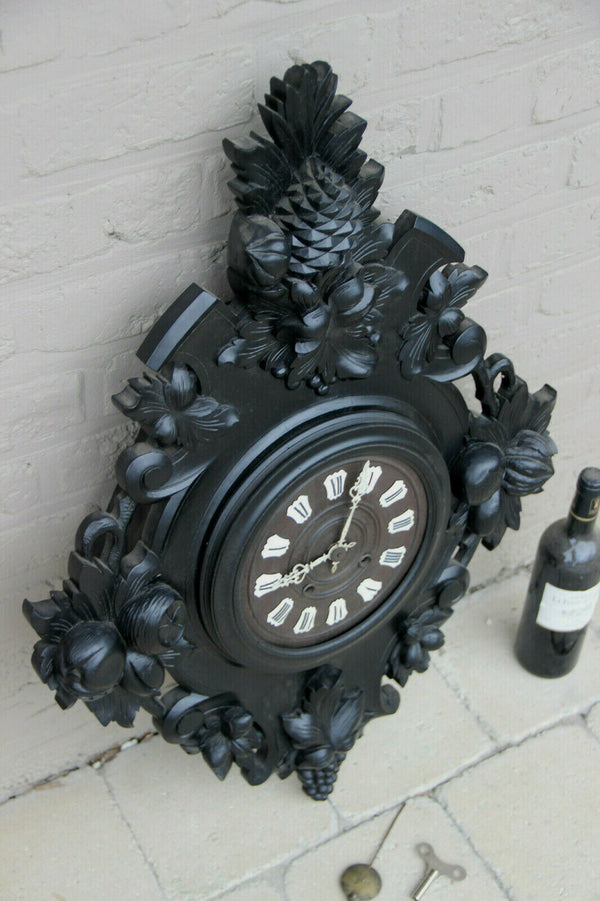 XXL Antique BLACK FOREST wood carved fruits pineapple wall clock black rare