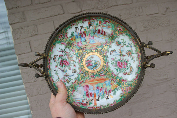 Gorgeous Canton chinese porcelain plate Bronze frame lion paws centerpiece bowl