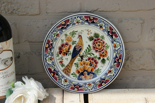 DELFT vintage polychrome pottery ceramic peacock bird plate flowers