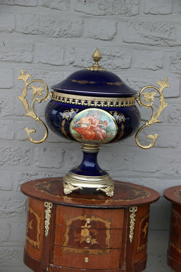 huge French cobalt blue porcelain centerpiece lidded bowl victorian scene