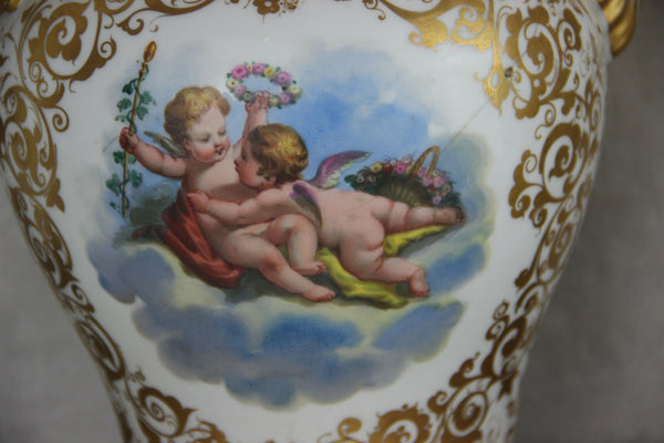 PAIR antique 1900 Vieux paris porcelain Putti angels scene floral dolphin Vases