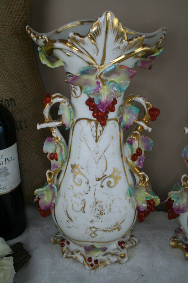 Antique 19thC PAIR vieux paris porcelain floral decor Vases