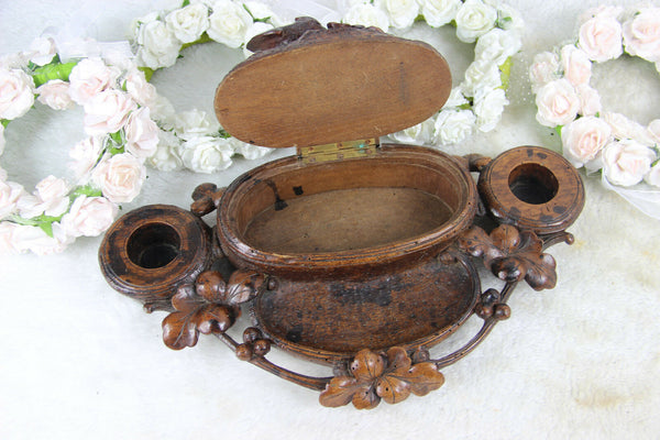 Antique German black forest wood carved bird nest inkwell 19thc
