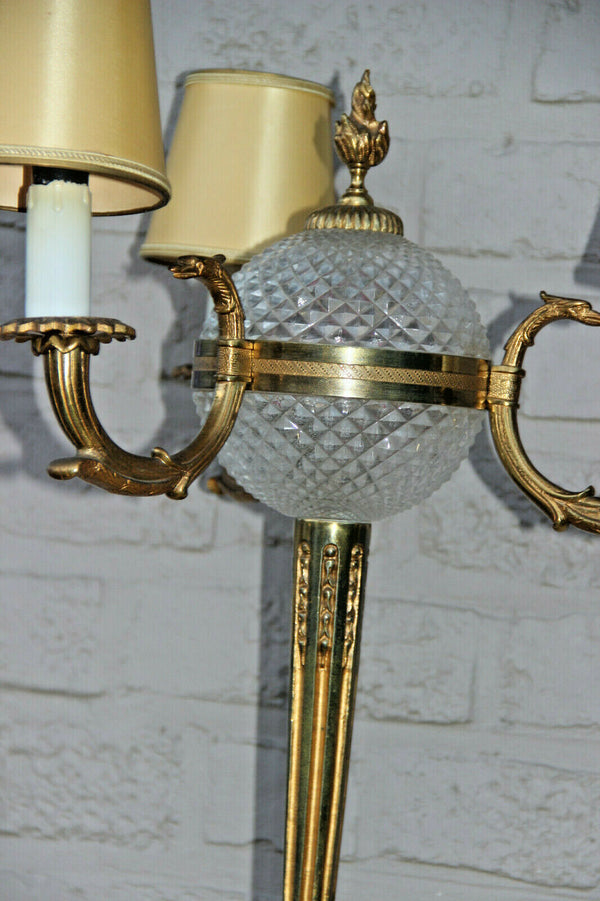 LARGE French antique empire bronze swan 3 arm Lamp glass globe lion paws