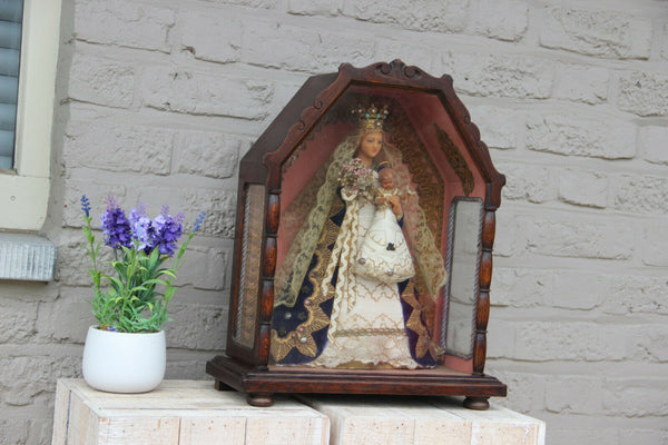 Antique French wood carved marked chapel with madonna child wax velvet glas