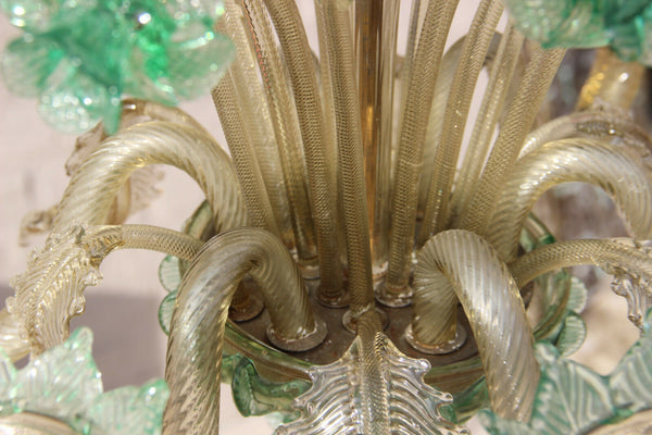 Rare murano green amber colour 6 arms hand blown glass chandelier 1970 Italy