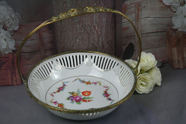 VTG Floral French  Porcelain Center bowl coupe  brass floral deco