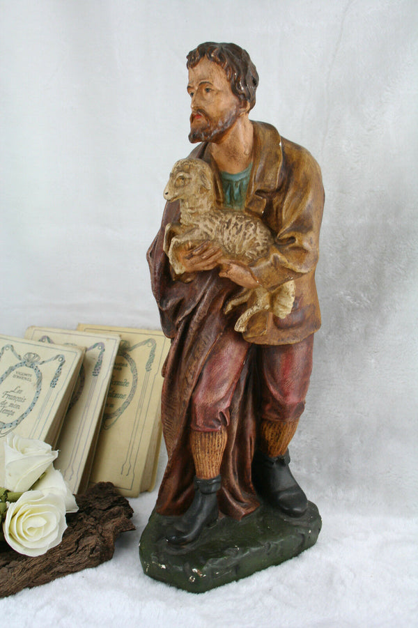 French XL antique saint statue religious 1900 Plaster polychrome marked