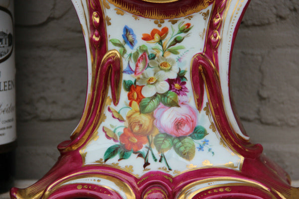French antique vieux paris porcelain hand paint floral mantel clock