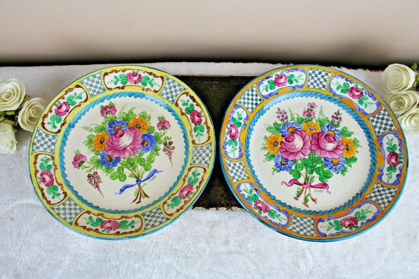 PAIR Faience pottery Plates floral hand paint decor French 1950's signed