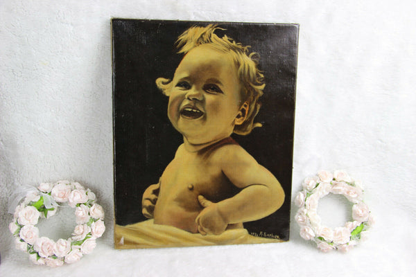Antique 1934 Signed Belgian oil canvas portrait baby child painting cute