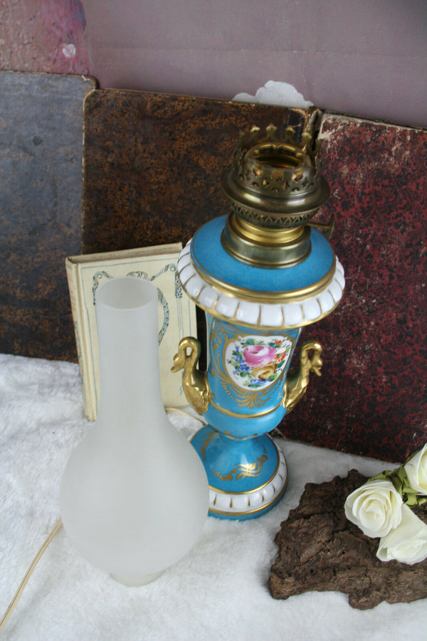 Antique french vieux paris porcelain Swan empire floral lamp marked