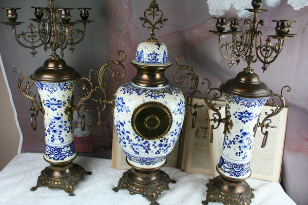 XXL Delft Bluewhite pottery birds decor clock candelabras 1930 Holland mantel