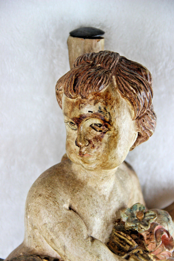 Italian Baroque Angel putti holding horn Wood carved polychrome statue sculpture