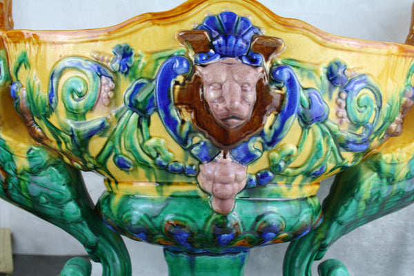 French XXL Art nouveau 1900 Caryatid Lion head Barbotine majolica Planter Vase