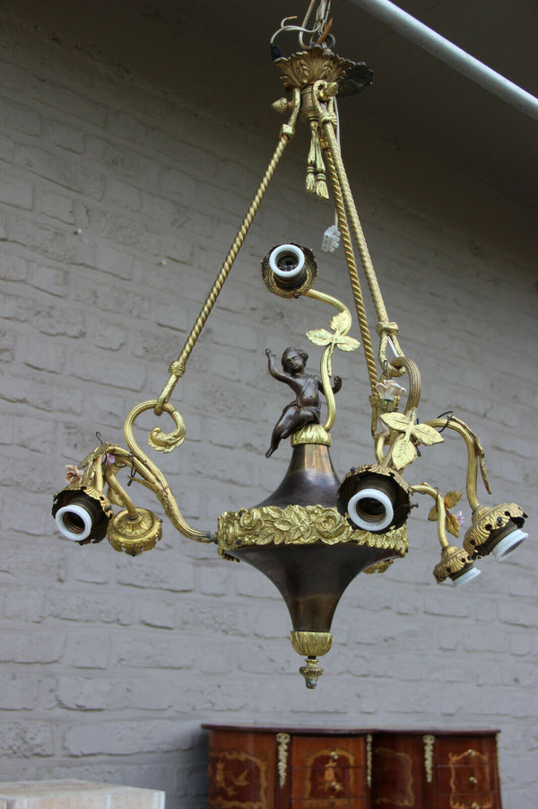 Gorgeous French Bronze putti angel porcelain flowers chandelier empire design