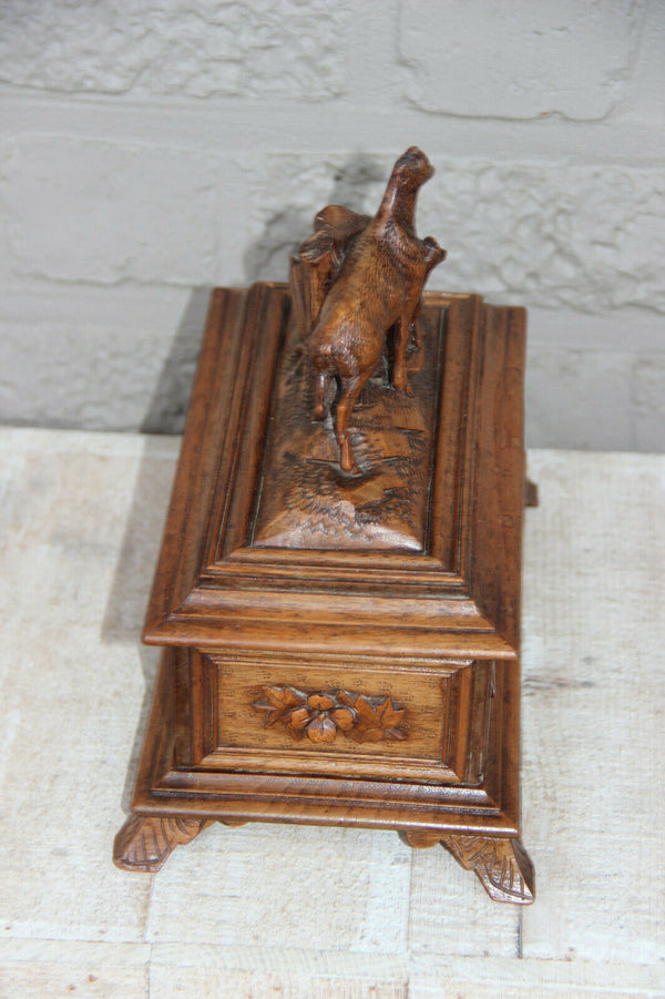 Antique Black forest Swiss wood carved box jewelry trinket 19th c deer animal