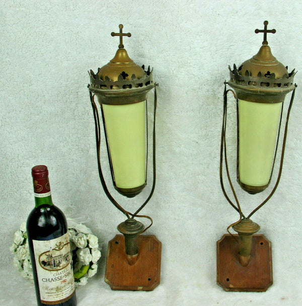 Antique French pair religious procession wall lights sconces glas wood metal