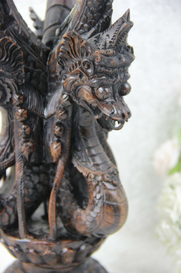 Antique Balinese wood carved dragon god naga figurines lamp