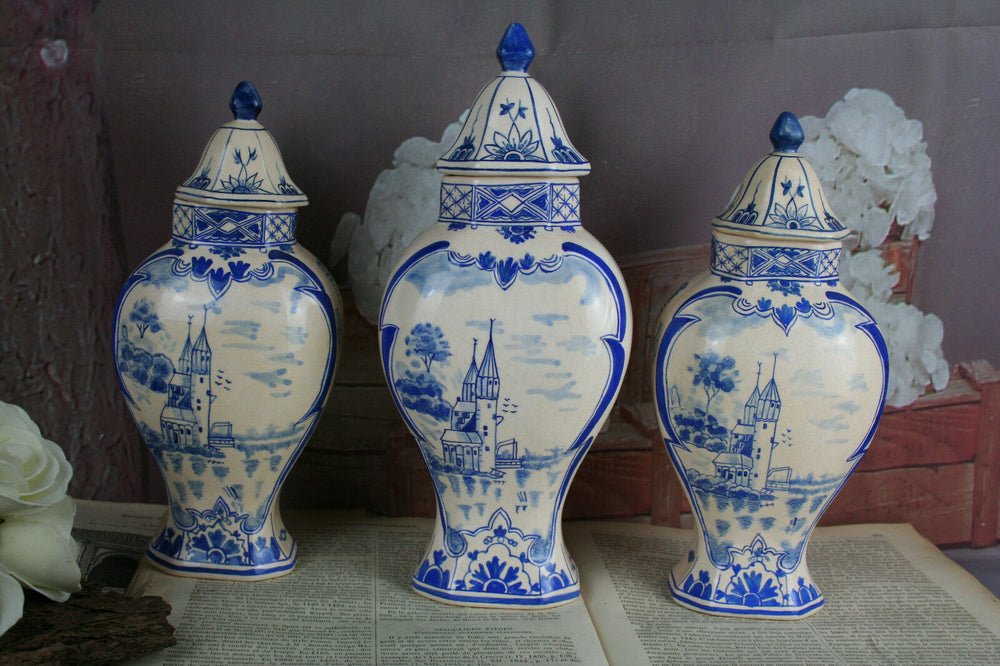 Set of 3 Delft blue white pottery vases lidded Landscape scene marked