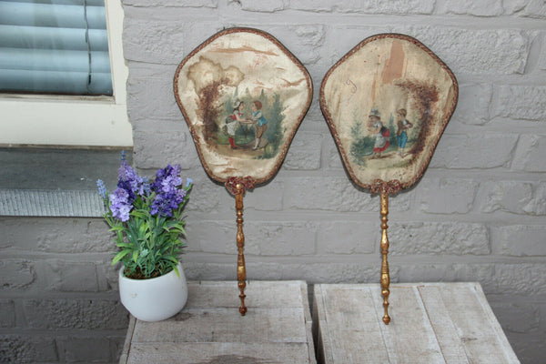 PAIR antique 19thc victorian Hand fireplace fan Silk romantic boy girl