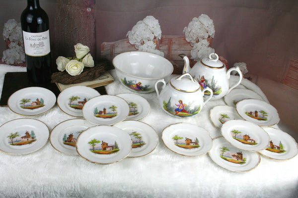 French porcelain Tea pot sugar bowl with 15 plates castle decor Tableware set