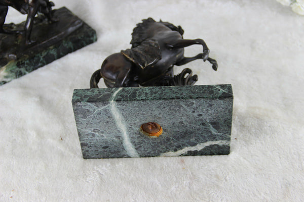 PAIR patinated bronze antique Marly horses marble base signed coustou
