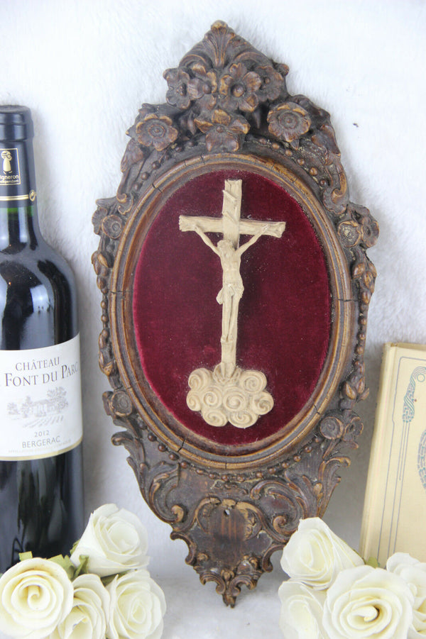 Antique 1880 Napoleon III Crucifix cross religious wood carved velvet