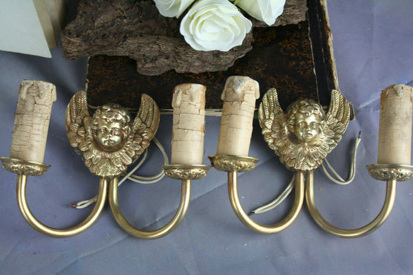PAIR French brass bronze Wall sconces lamps lights Angels putti cherubs 1930
