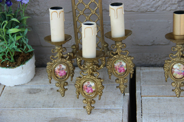 PAIR vintage French brass Wall lights sconces porcelain victorian plaques